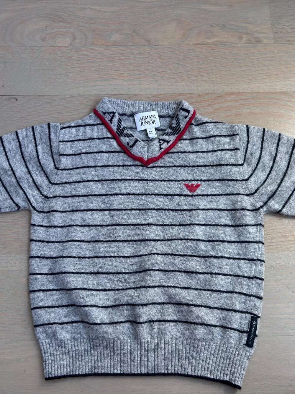 Armani Junior Toddler 2Y Gray Black Striped V Neck Sweater Red Eagle Logo